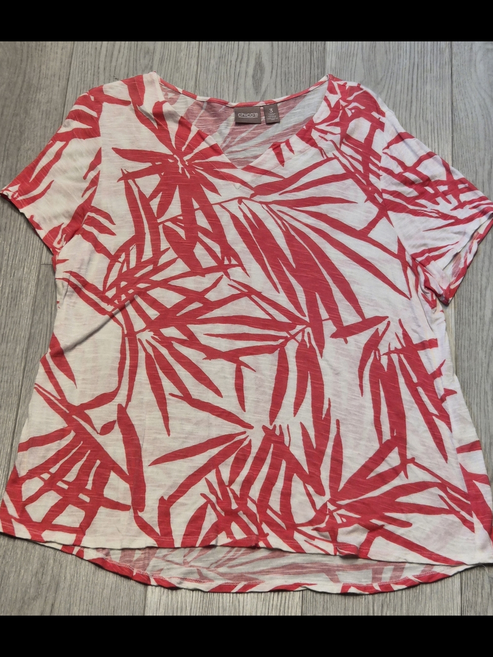 Chico's White Tee with Bright Coral Palm Print